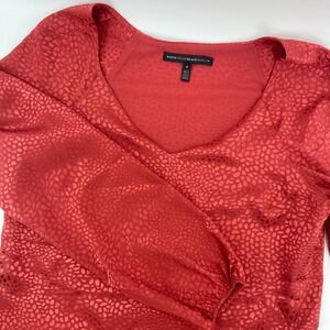 White House Black Market Red Textured V Neck Long Sleeve Blouse Top M